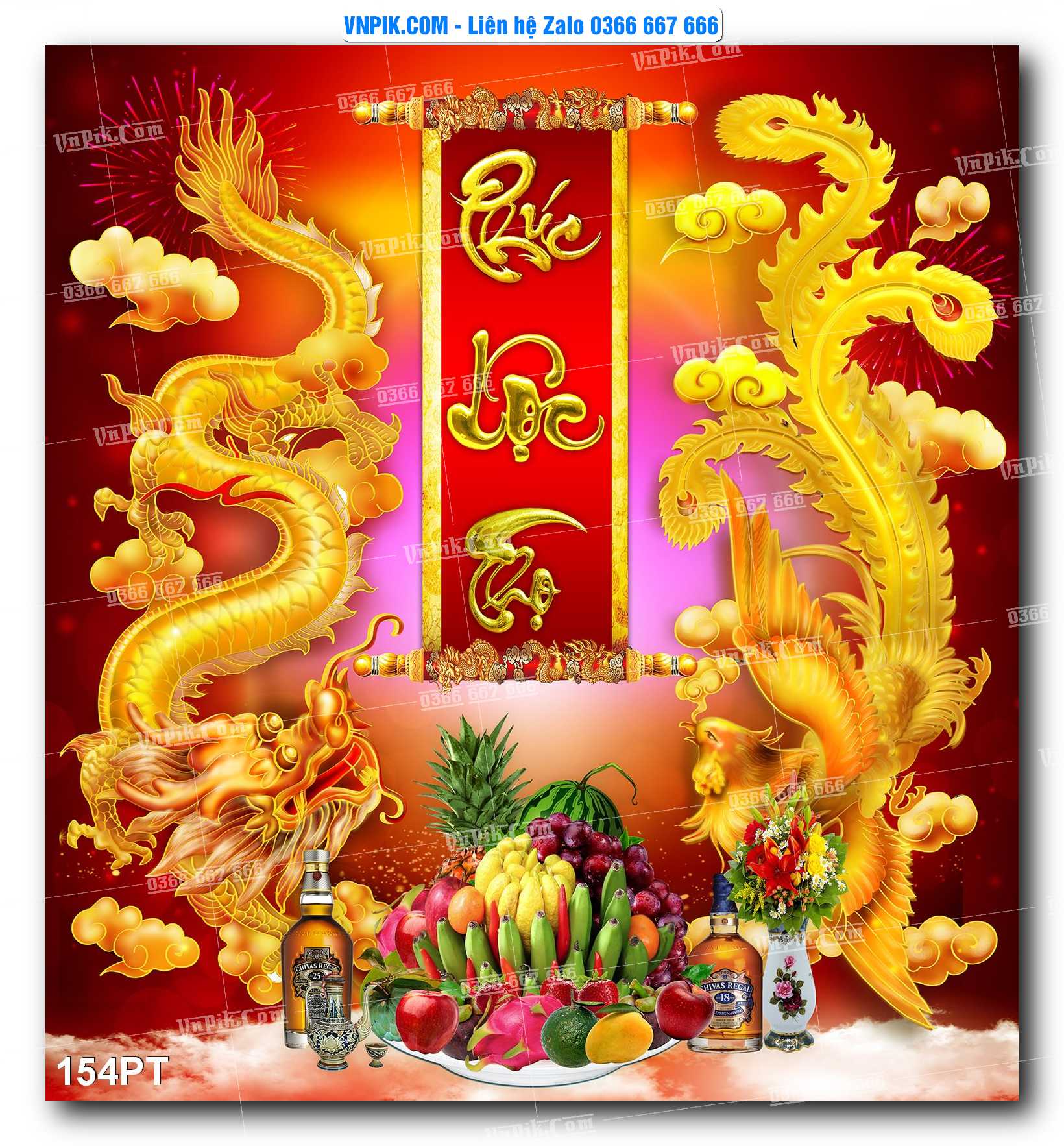Tranh dán phòng thờ, bàn thờ, tranh mâm ngũ quả mẫu số 154PT
