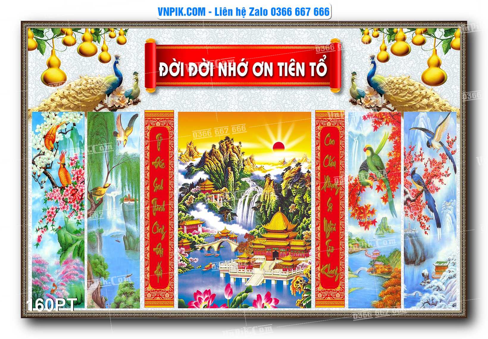 Tranh dán phòng thờ, bàn thờ, tranh mâm ngũ quả mẫu số 160PT