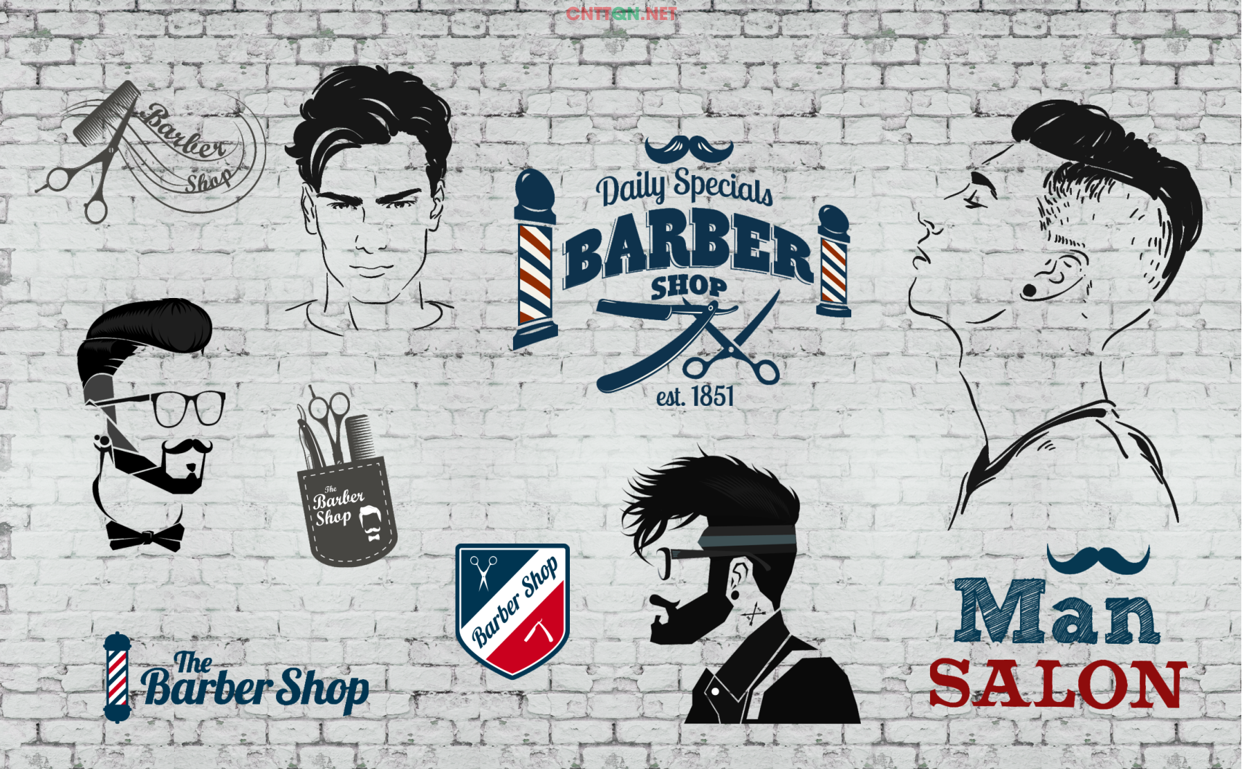 Market trang trí tường tiệm tóc salon Barbershop file CDR