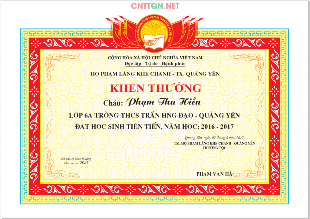 Giấy khen họ Phạm học sinh tiến tiến trường THCS