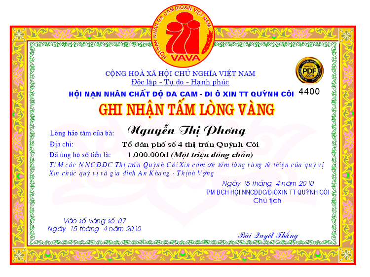 Bằng khen ghi nhận tấm lòng vàng Quỳnh Côi