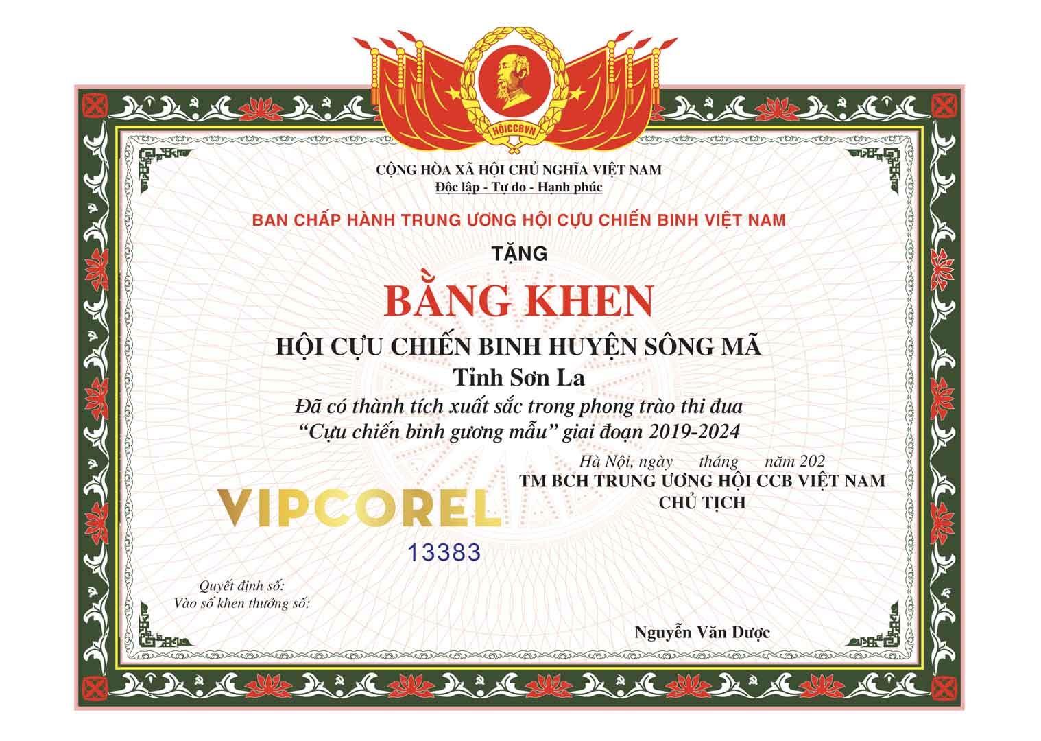 Bằng khen hội cựu chiến binh huyện Sông Mã corel