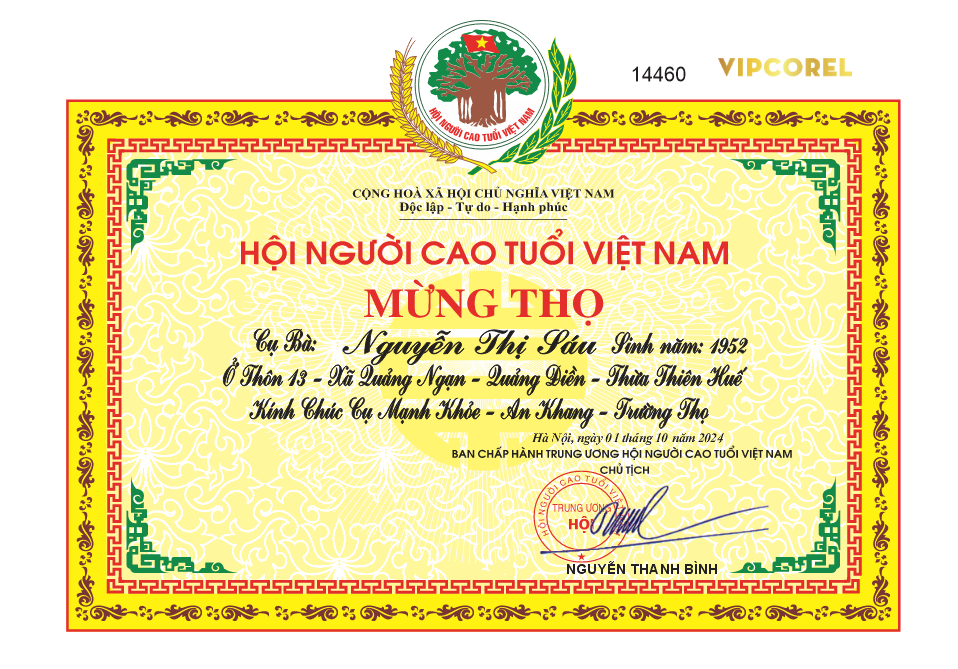 Bằng khen mừng thọ mẫu mới 2025 hội người cao tuổi