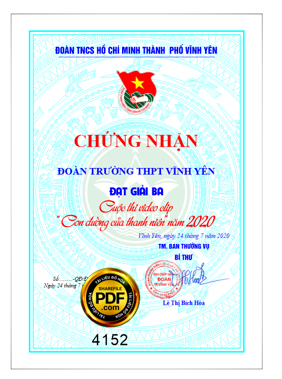 Giấy chứng nhận đoàn THCS Hồ Chí Minh TP Vĩnh Yên