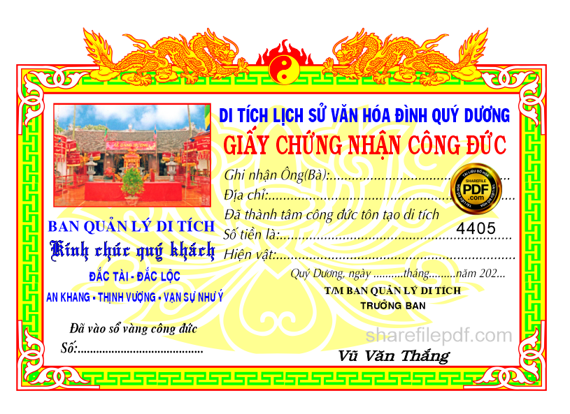 Giấy chứng nhận công đức Đình Quý Dương file Corel