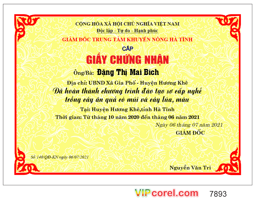 giấy chứng nhận trung tâm khuyến nông – trồng cây ăn quả