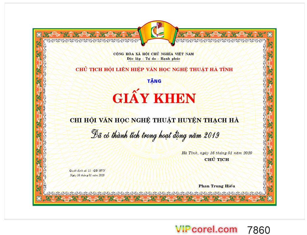 Giấy khen của chủ tịch hội liên hiệp văn học nghệ thuật