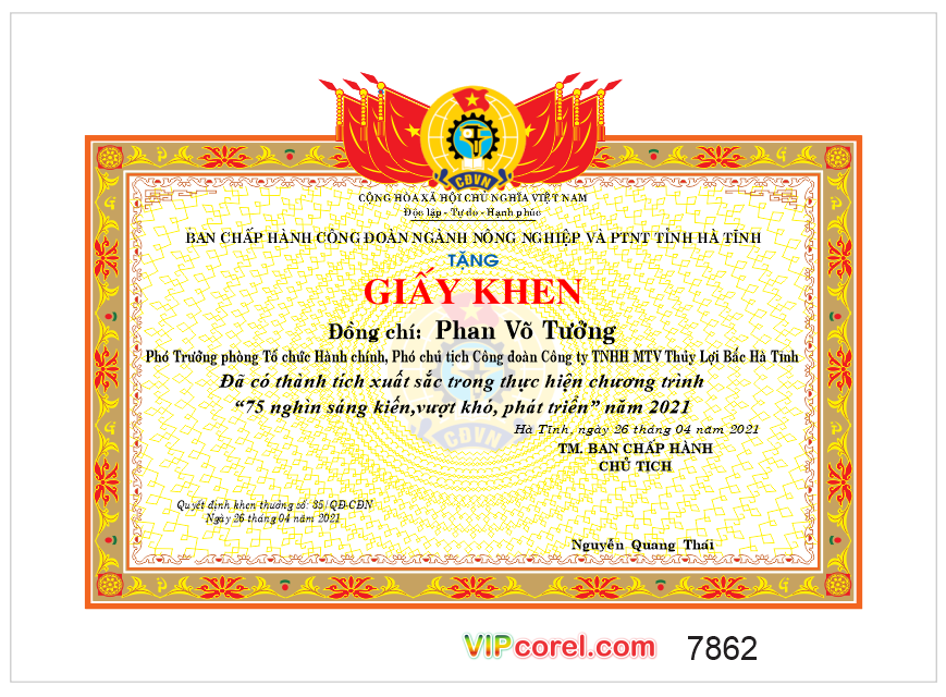 Giấy khen công đoàn ngành nông nghiệp và PTNT Tỉnh Hà Tĩnh