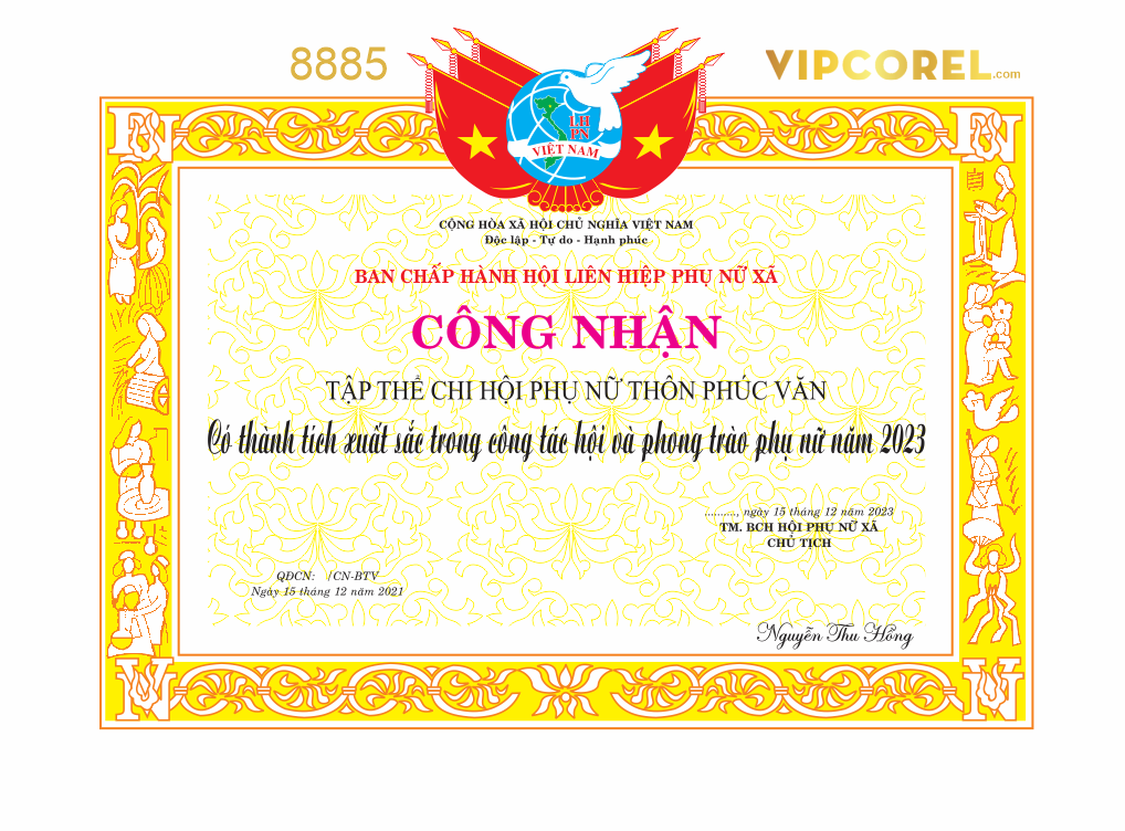 Giấy khen công nhận Hội Liên Hiệp Phụ Nữ xã corel