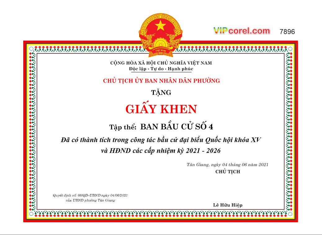 Giấy khen thành tích trong công tác bầu cử đại biểu Quốc Hội