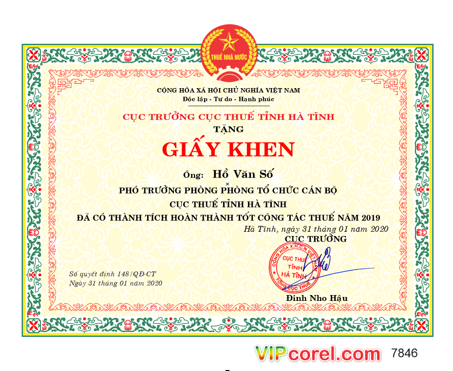 Giấy khen cục trưởng cục thuế tỉnh Hà Tĩnh file corel