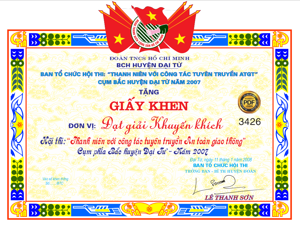 Giấy khen đoàn TNCS Hồ Chí Minh BCH huyện Đại Từ