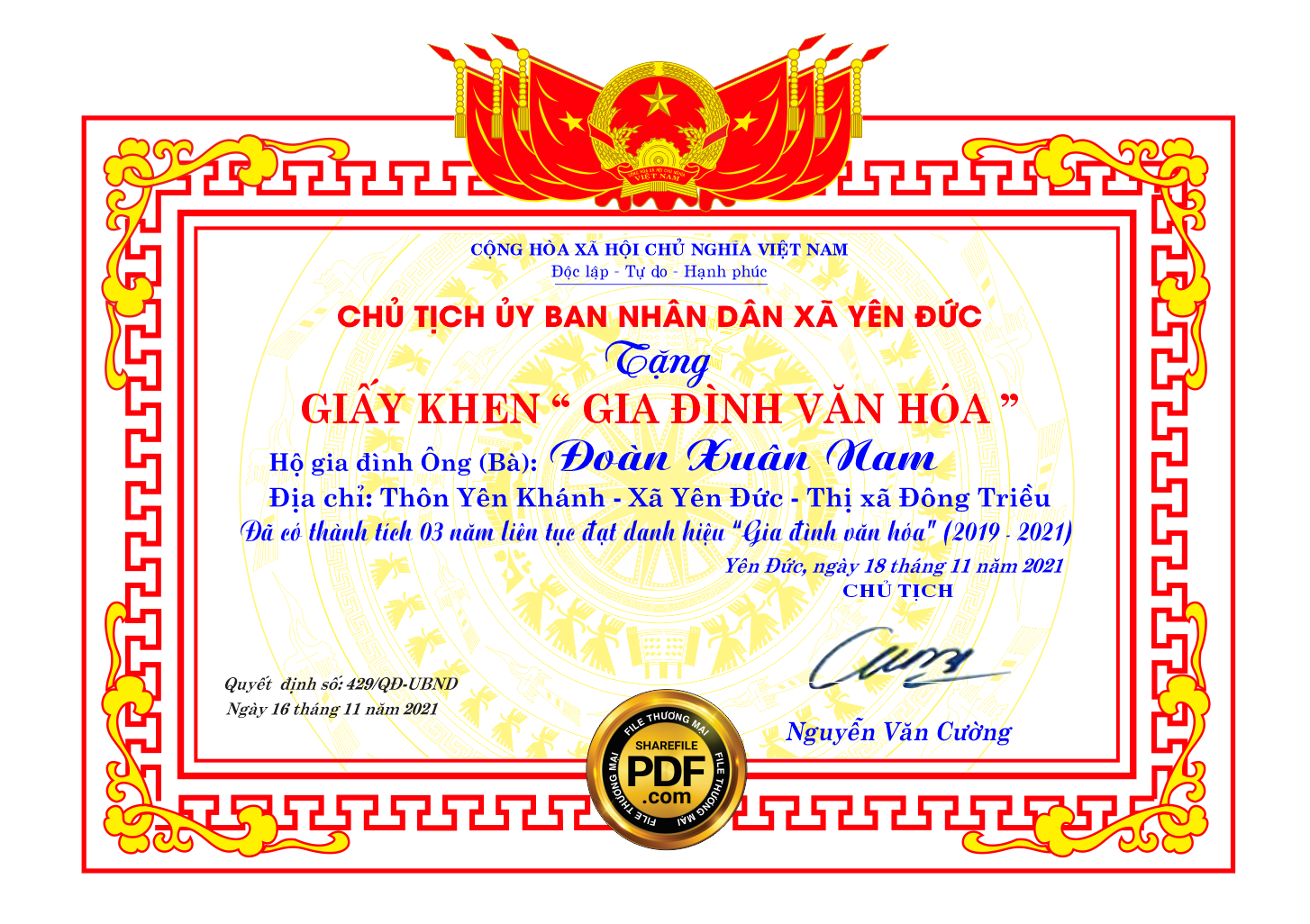 [VIP] GIẤY KHEN “GIA ĐÌNH VĂN HÓA” file CorelDRAW X7