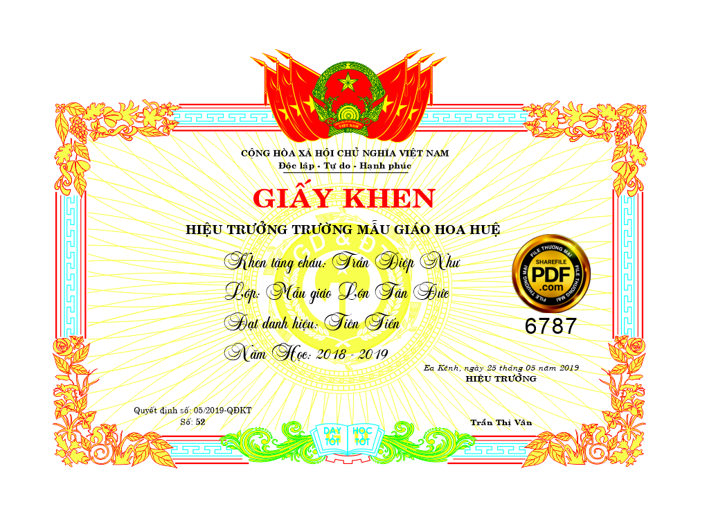 Giấy khen hiệu trưởng trường mẫu giáo Hoa Huệ file corel
