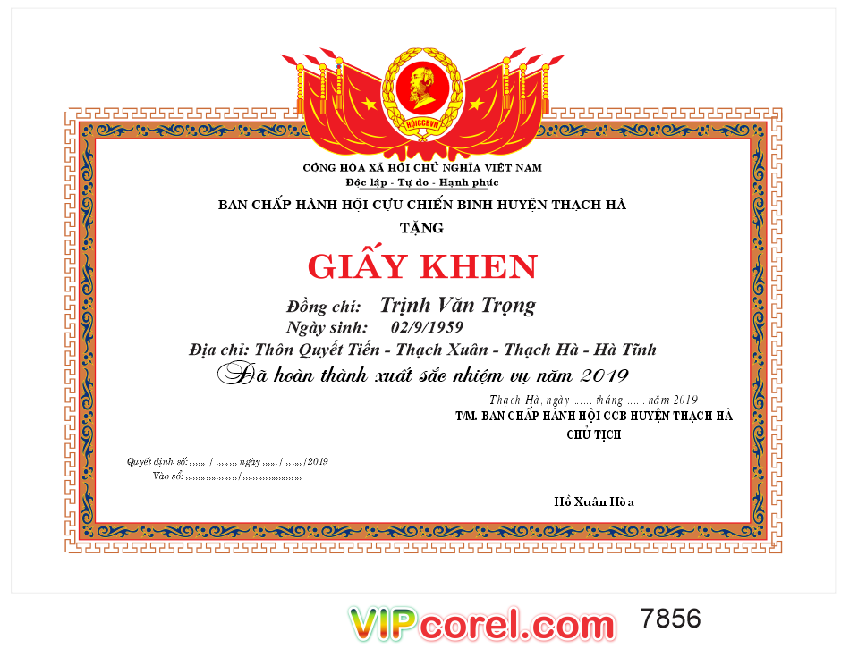 Giấy khen của Hội Cựu Chiến Binh huyện Thạch Hà file corel