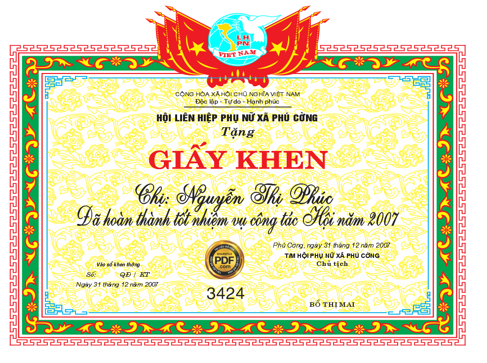 Giấy khen hội Liên hiệp phụ nữ xã Phú Cường file corel