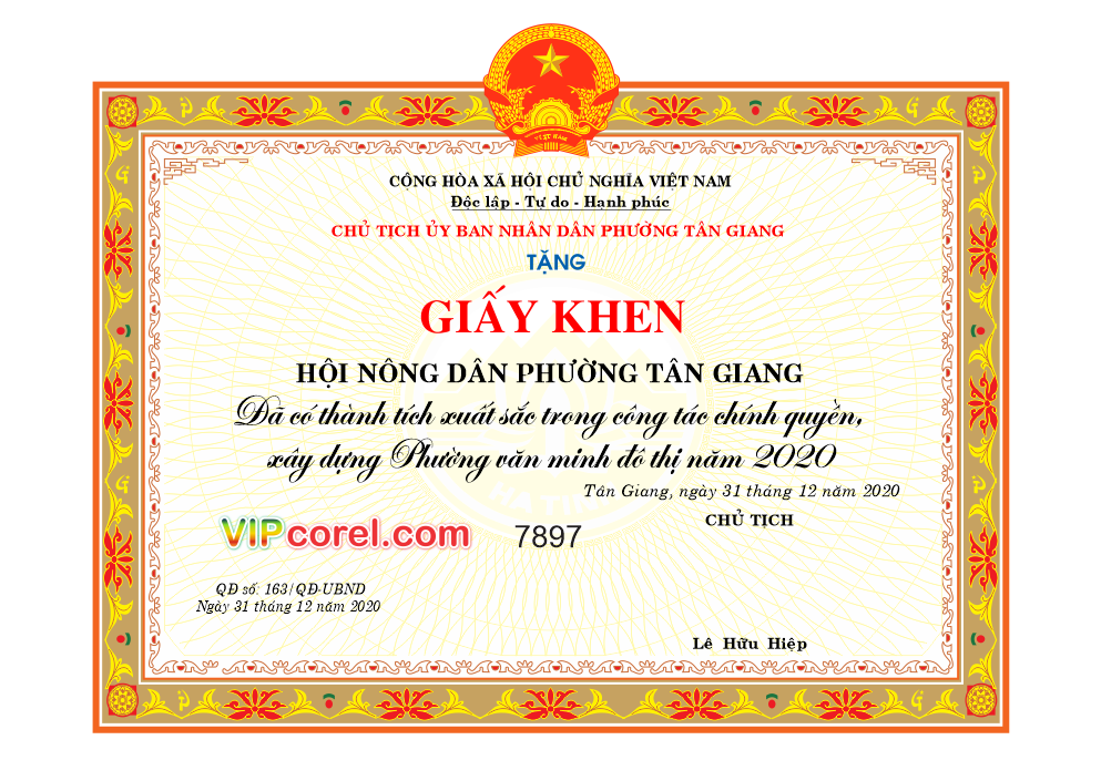 Giấy khen của hội nông dân phường Tân Giang