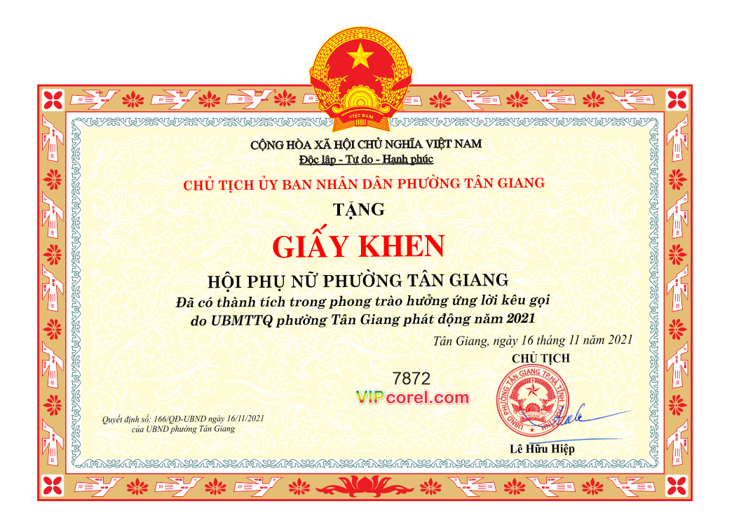 Giấy khen hội phụ nữ Phường Tân Giang file corel