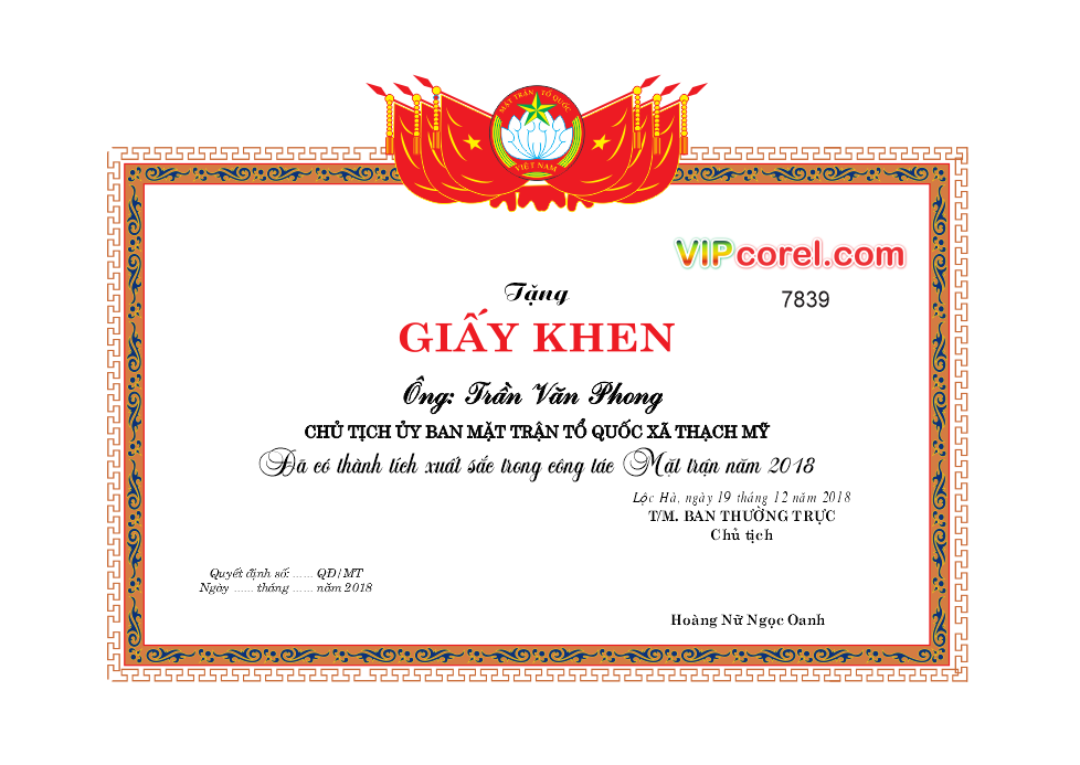 Giấy khen Mặt Trận Tổ Quốc xã Thạch Mỹ file corel