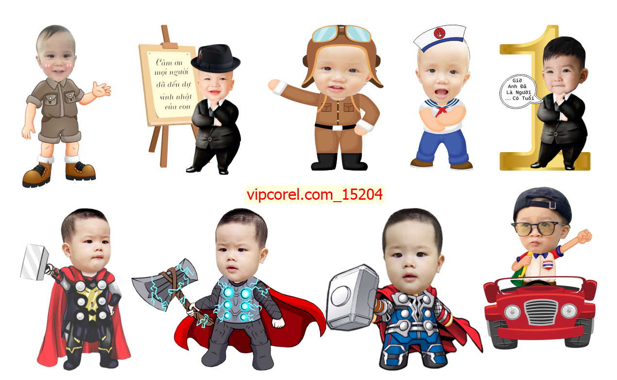 Mẫu Chibi trang trí sinhh nhật cho bé trai gép mặt