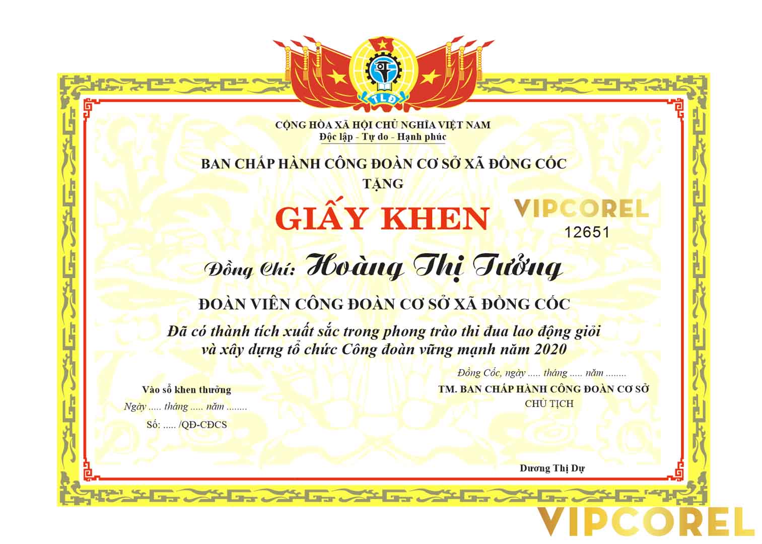 Giấy khen công đoàn cơ sở xã Đồng Cốc vector