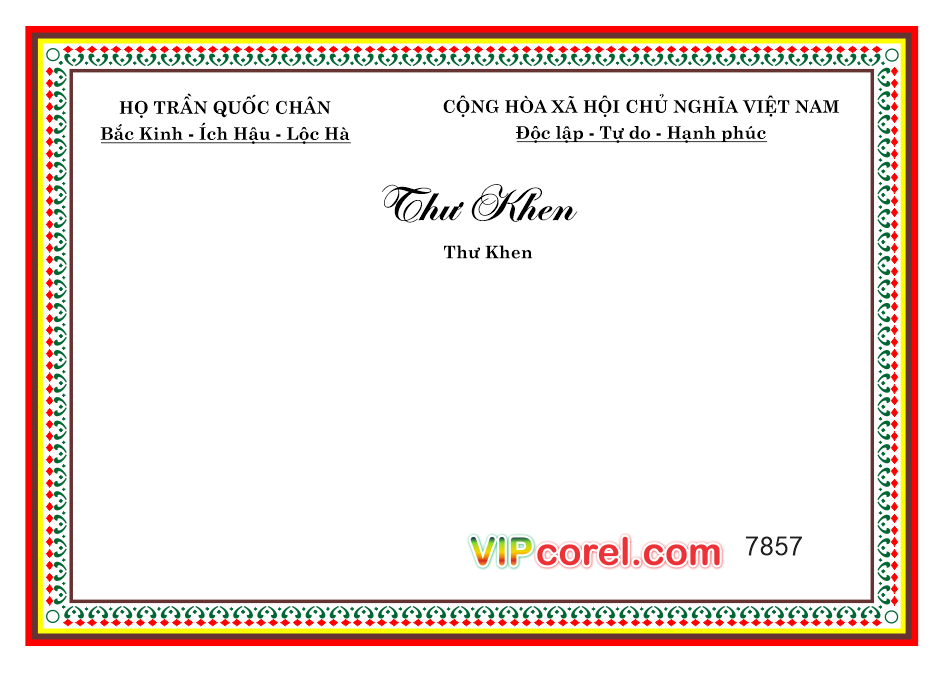 Mẫu thư khen dòng họ Trần Quốc Chân file corel