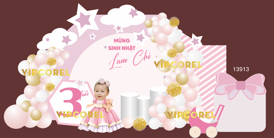 Phông sinh nhật bé gái màu hồng Lam Chi file corel