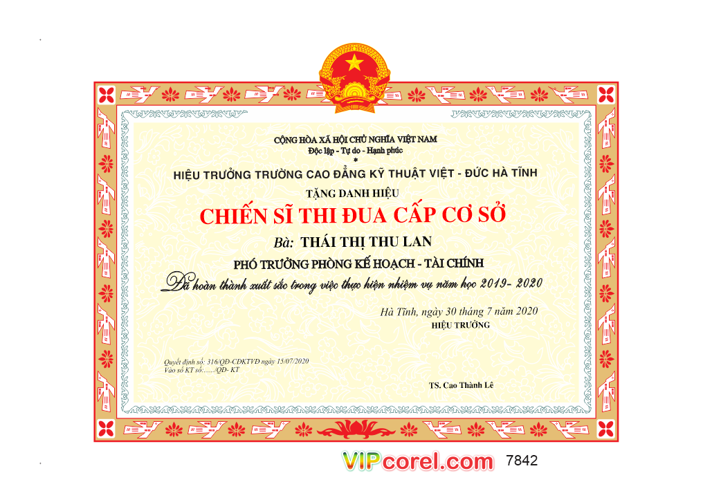 Bằng khen tặng danh hiệu chiến sĩ thi đua cấp cơ sở
