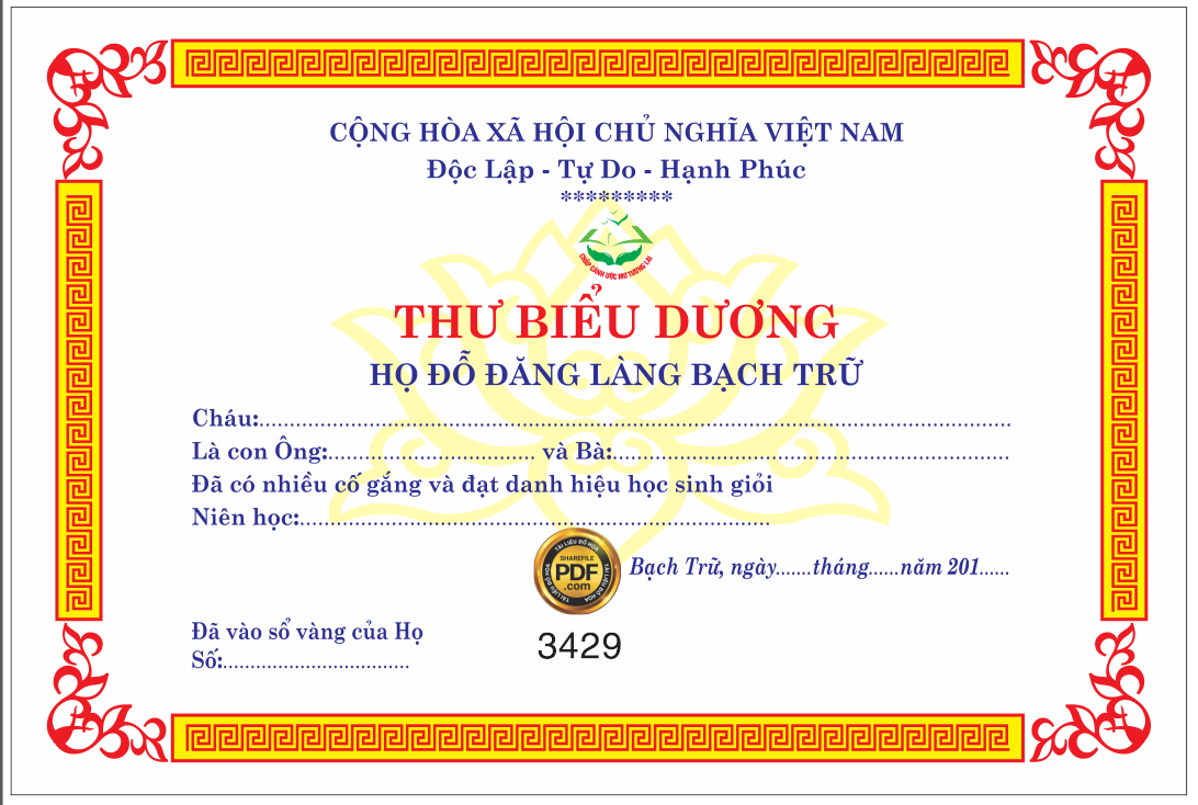 Thư biểu dương họ Đỗ Đăng làng Bạch Trữ file corel