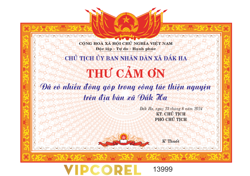 Bằng khen thư cảm ơn UBND xã Đắk Ha file corel