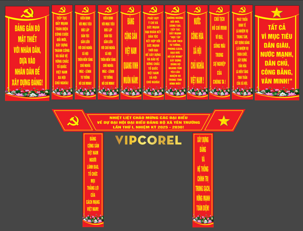 Trang trí cổng Đại hội Đảng bộ xã 2025 file corel