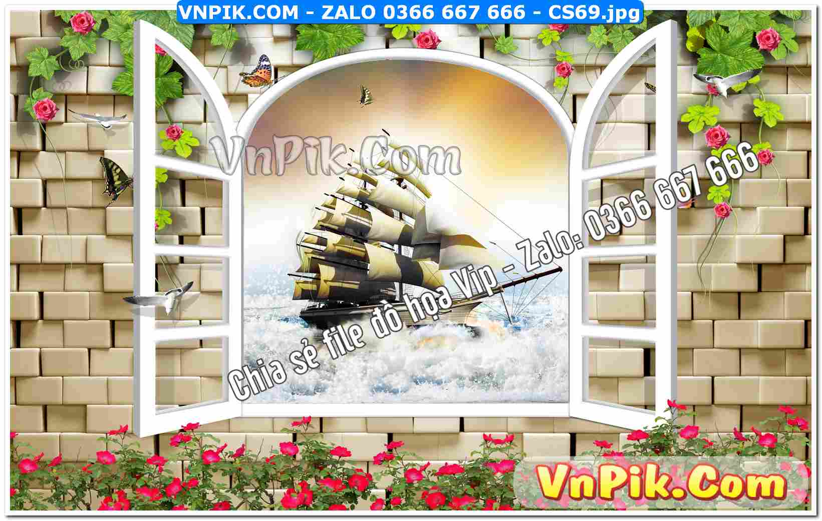 Mẫu tranh cửa sổ 3D tranh dán tường mã file CS69