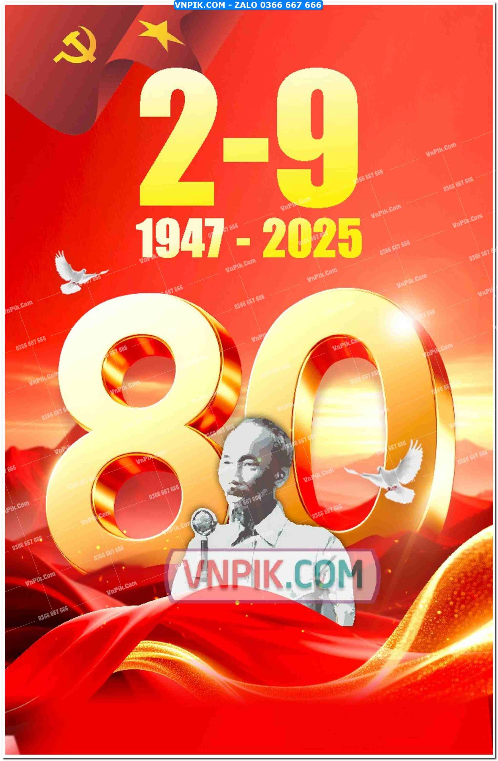Poster kỷ niệm 80 năm ngày quốc khánh 2 tháng 9  nền đỏ rực lửa mẫu 1
