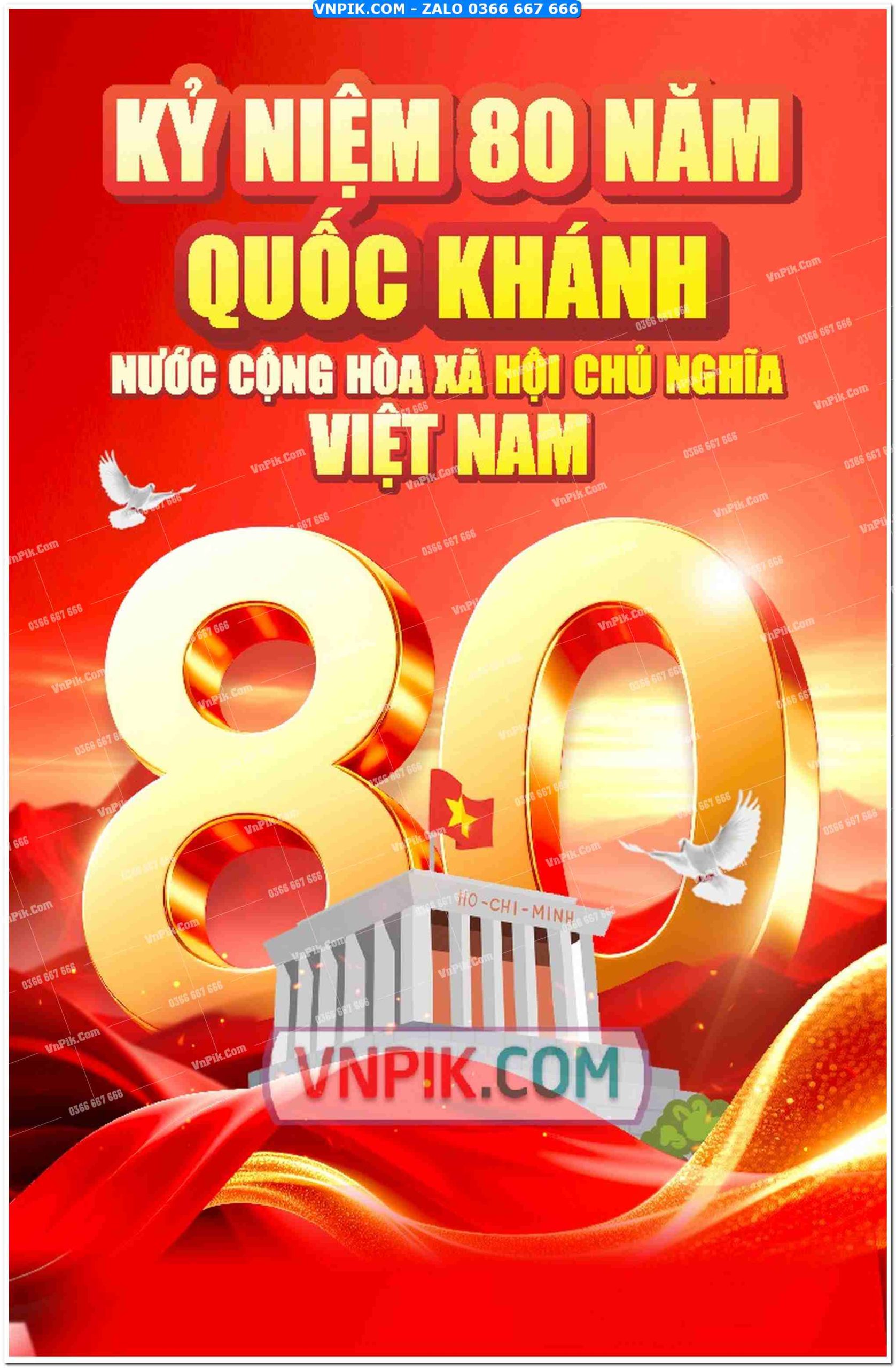 Poster kỷ niệm 80 năm ngày quốc khánh 2 tháng 9  nền đỏ rực lửa mẫu 2
