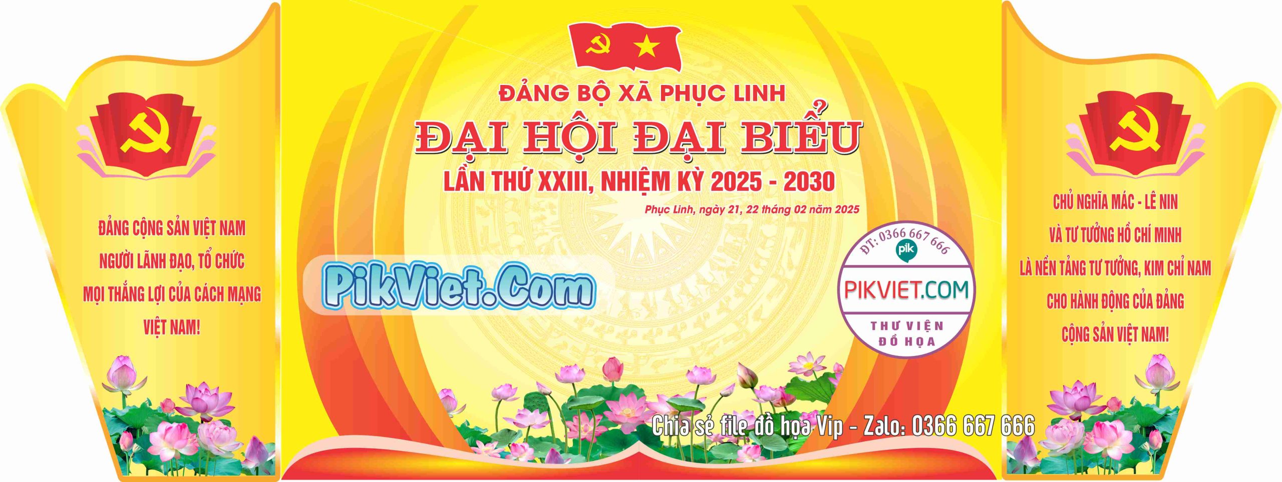 Backdrop phông nền đại hội đại biểu xã phục linh nền vàng hoa sen