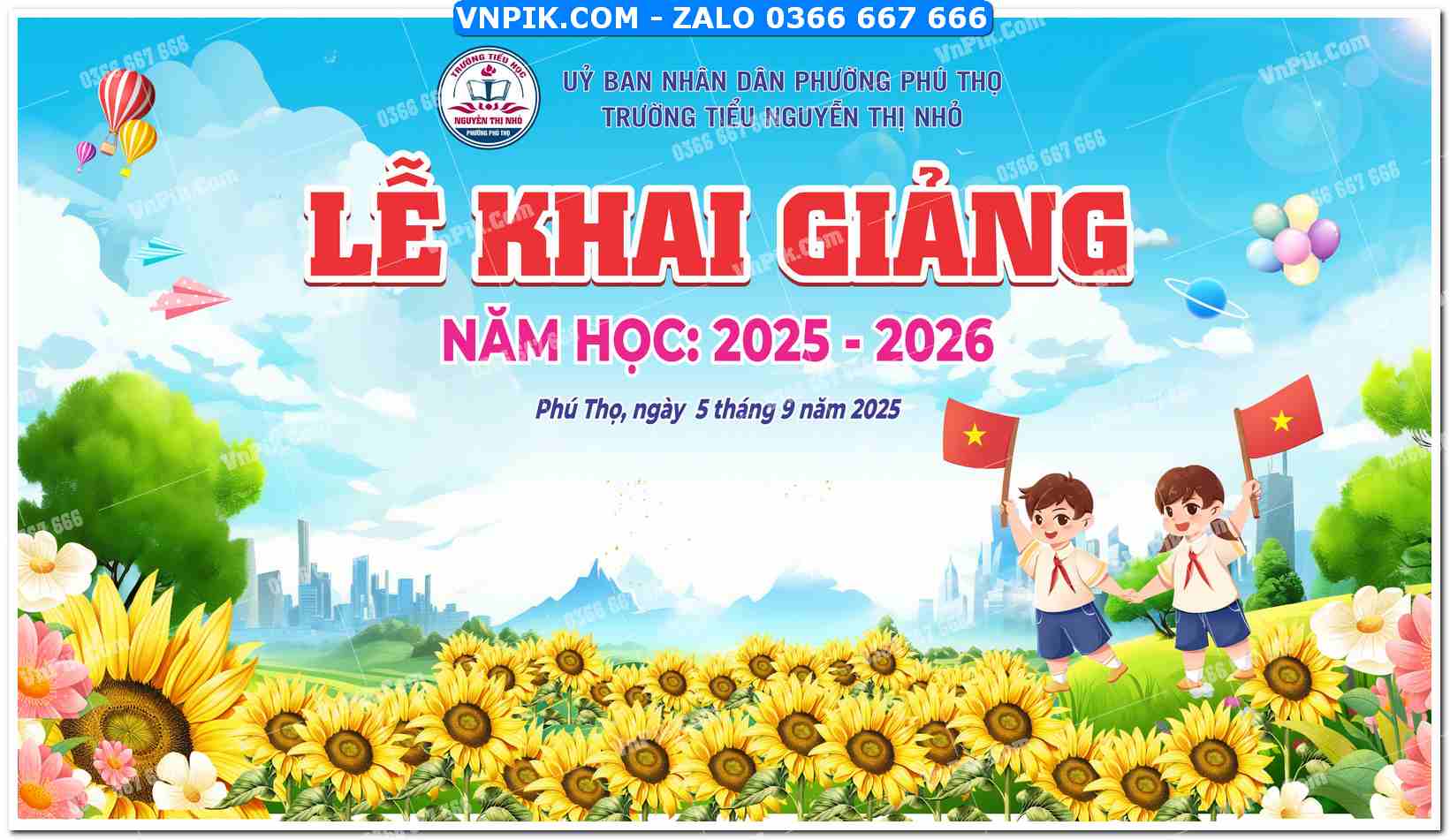Mẫu phông nền lễ khai giảng trường tiểu học nguyễn thị nhỏ năm 2025 – 2026