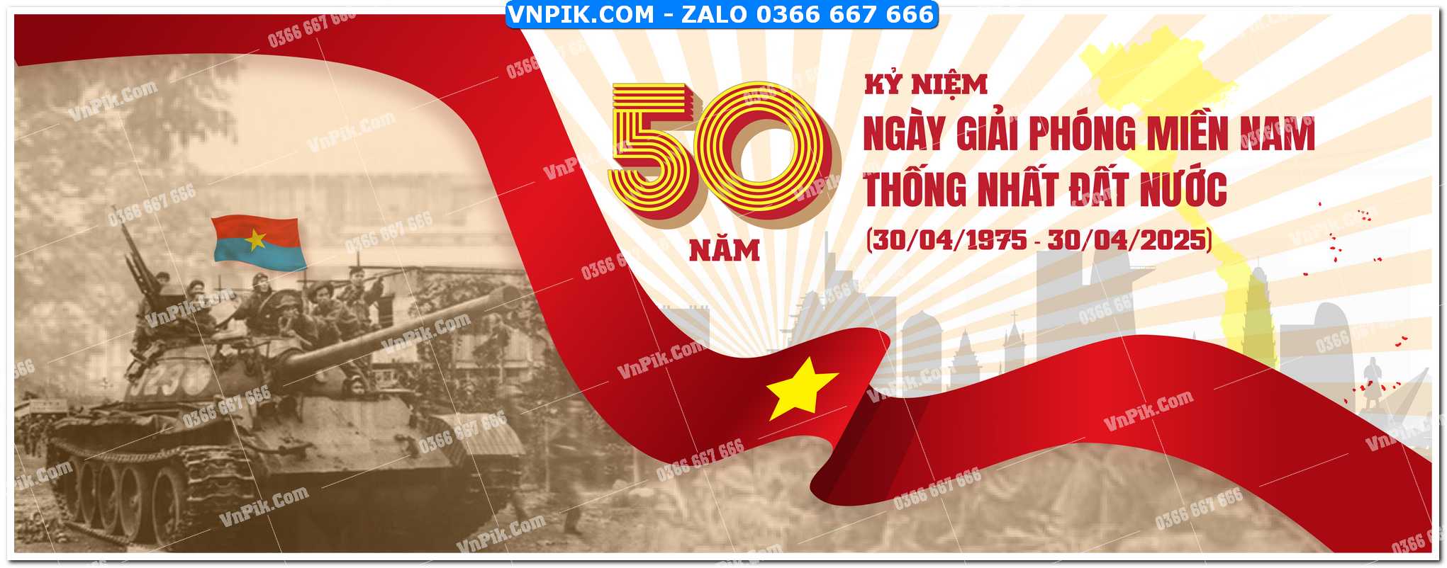 Banner Kỷ niệm 50 năm ngày Giải phóng miền Nam thống nhất đất nước mẫu 1
