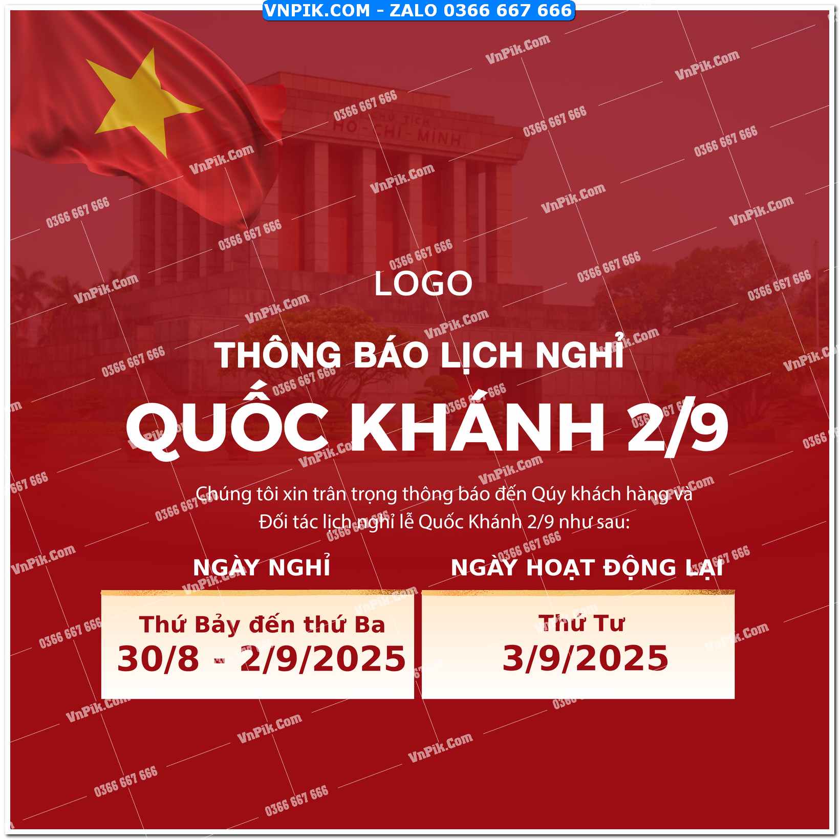 Banner Thông Báo Lịch Nghỉ Lễ Quốc Khánh 2 tháng 9 file psd tách lớp