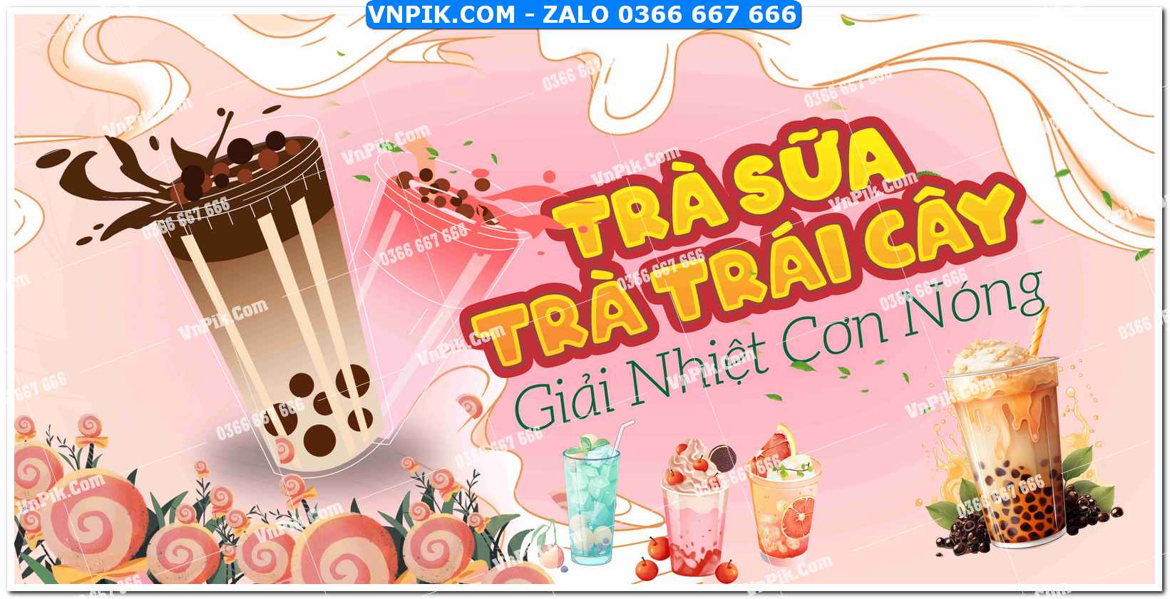 mẫu tranh tường trà sữa trà trái cây nền hồng