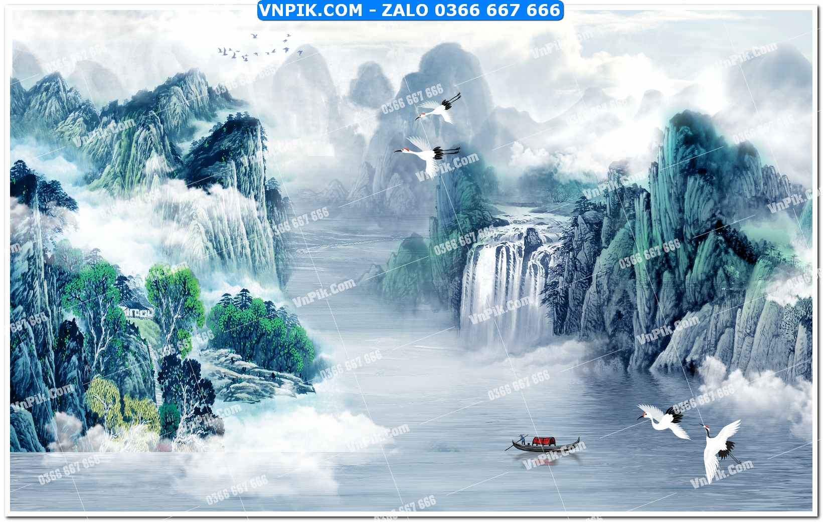 tranh sơn thủy chim hạc và núi rừng 138221