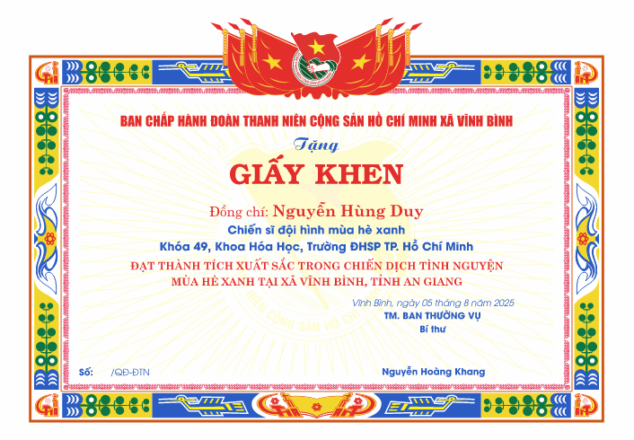 Mẫu giấy khen chiến sĩ đội hình mùa hè xanh