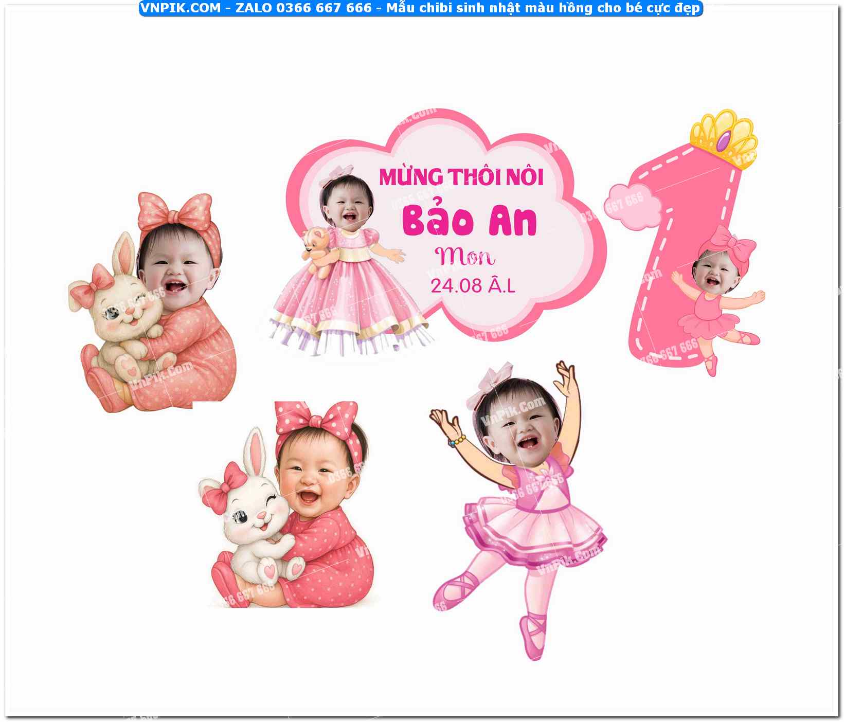Mẫu chibi sinh nhật màu hồng cho bé cực đẹp