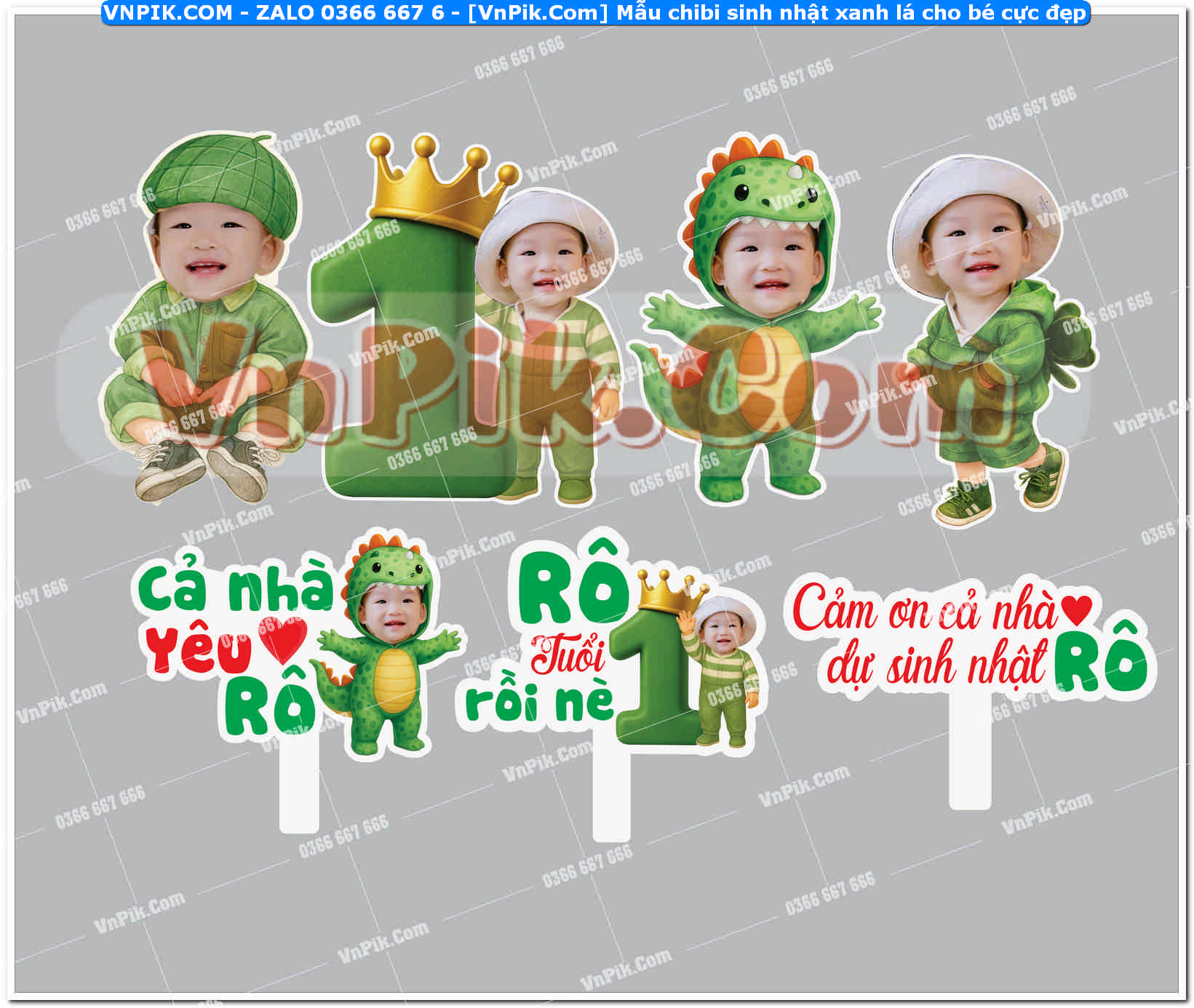 Mẫu chibi sinh nhật xanh lá cho bé cực đẹp