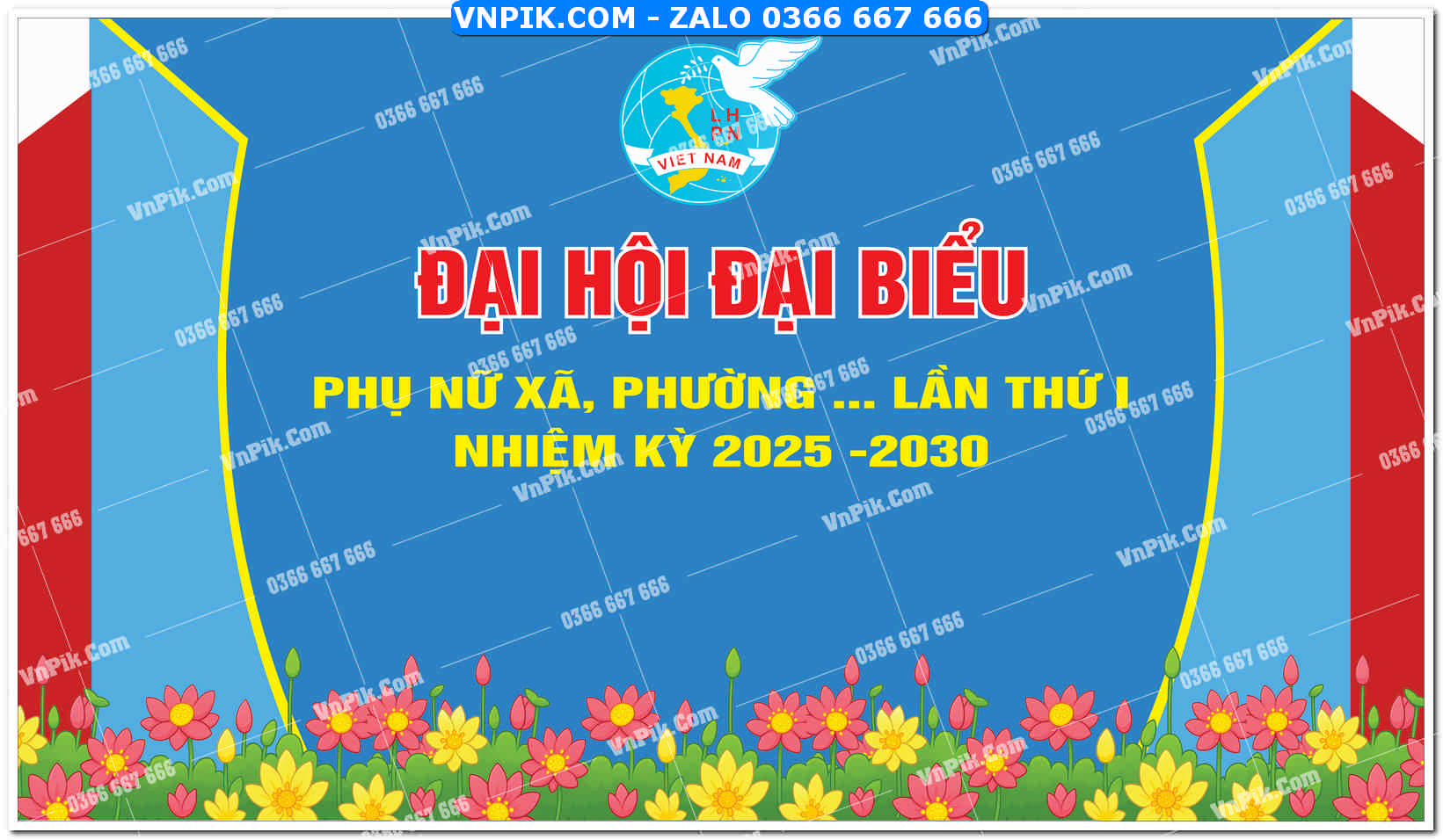 Phông nền đại biểu phụ nữ xã lần thứ 1 nhiệm kỳ 2025 – 2030 nền xanh chân hoa đẹp file vector