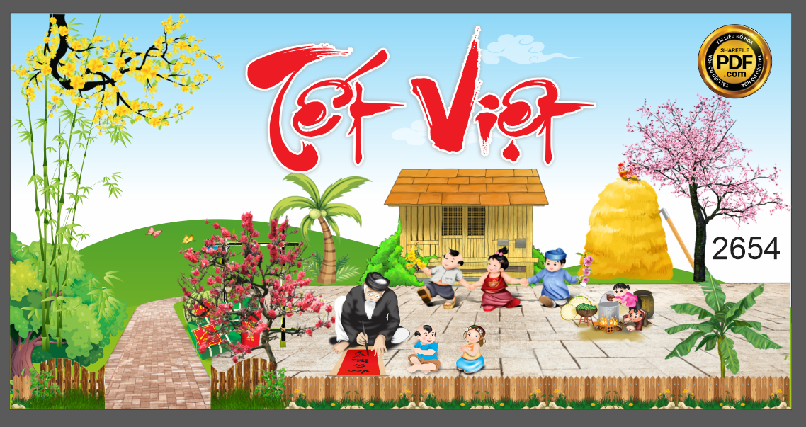 Market tết việt cảnh đồng quê và ông đồ chữ nho file CDR