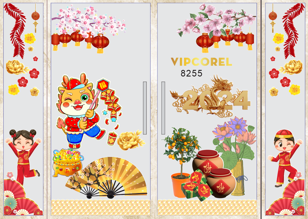Mẫu thiết kế cửa kính ngày tết 2024 #9 file corel