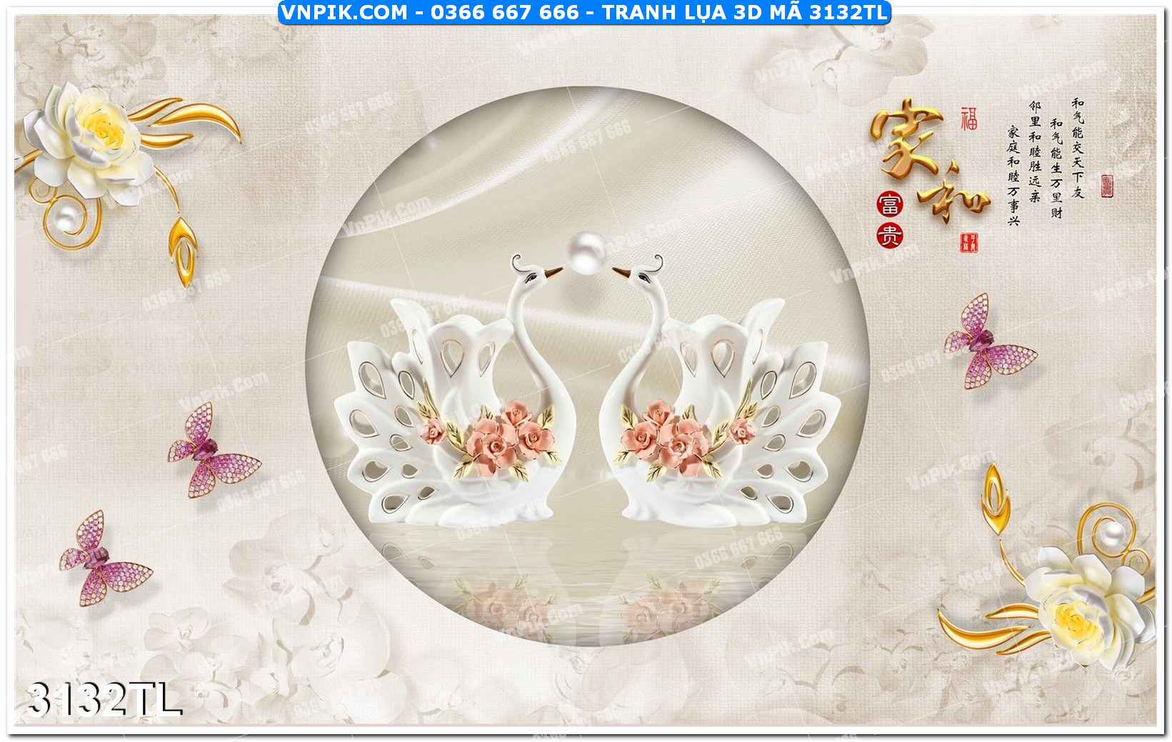 Tranh lụa 3D – Tranh trang trí dán tường 3132TL