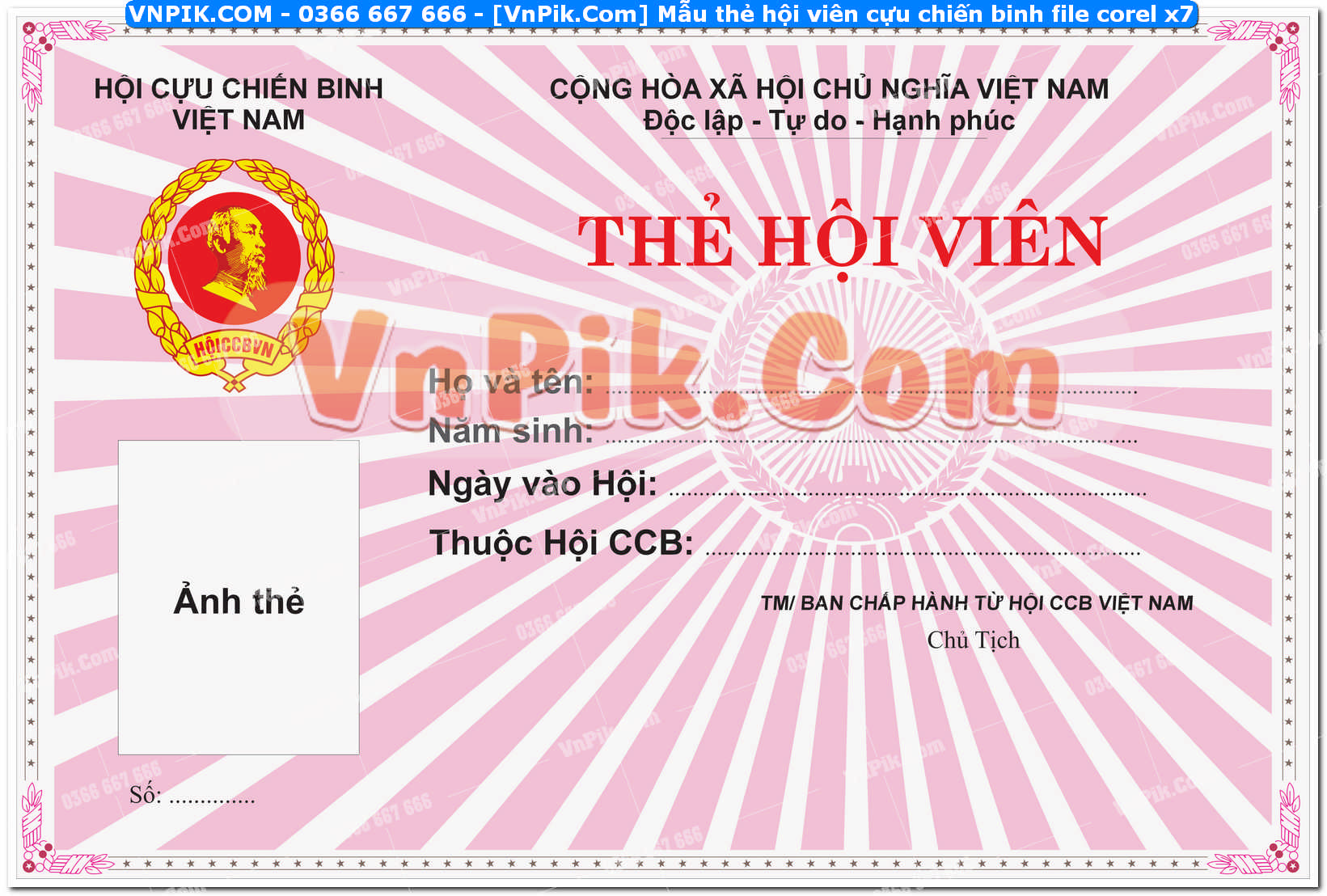 Mẫu thẻ hội viên cựu chiến binh file corel x7