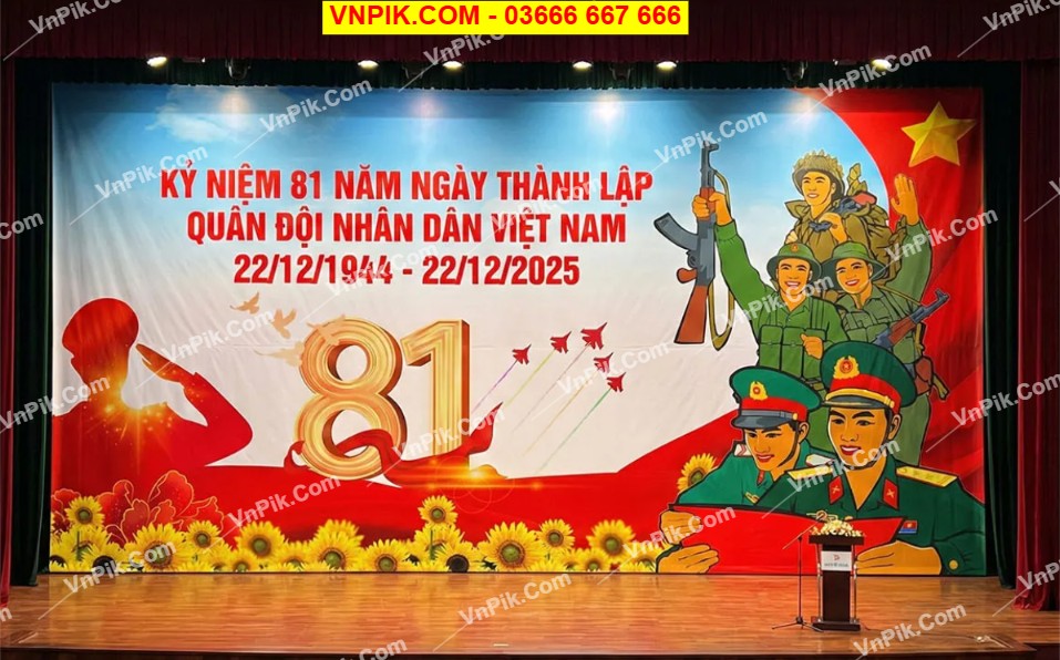 Backdrop Chào mừng 22/12 Kỷ niệm 81 năm QĐND Việt Nam (Mẫu rực rỡ)