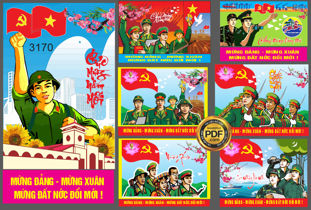 Pano Bộ đội chiến sĩ công an mừng đảng mừng xuân file Corel